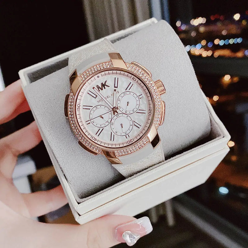 Michael Kors Sidney Chronograph White Dial Beige Leather Strap Watch For Women - MK6949 Buy Now By Michael Kors