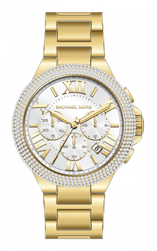 Shop Michael Kors Camille Chronograph White Dial Gold Steel Strap Watch For Women - MK6994 in USA