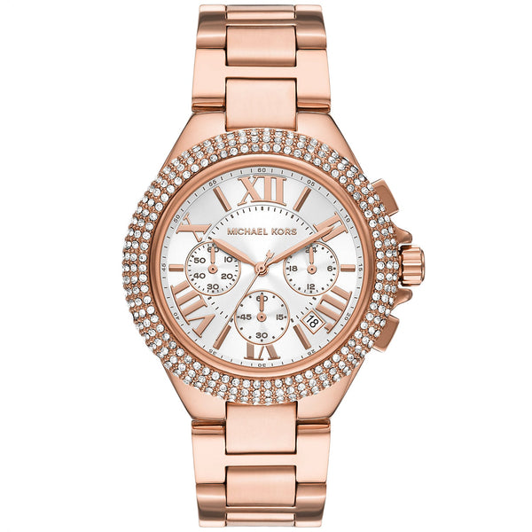 Shop Michael Kors Camille Chronograph White Dial Rose Gold Steel Strap Watch For Women - MK6995 in USA