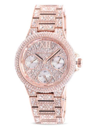 Shop Michael Kors Camille Multifunction Crystals Rose Gold Dial Rose Gold Steel Strap Watch For Women - MK6997 in USA
