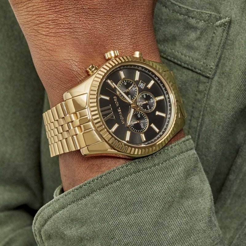 Michael Kors Lexington Chronograph Black Dial Gold Steel Strap Watch for Men - MK8286 Buy Now By Michael Kors