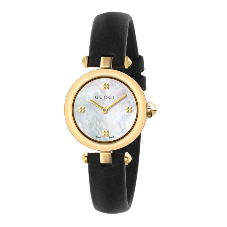 Shop Gucci Diamantissima Mother of Pearl Dial Black Leather Strap Watch For Women - YA141505 in USA