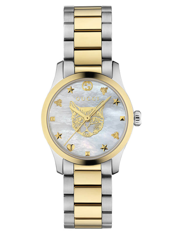 Shop Gucci G Timeless Quartz Mother of Pearl Dial Two Tone Steel Strap Watch For Women - YA1265012 in USA