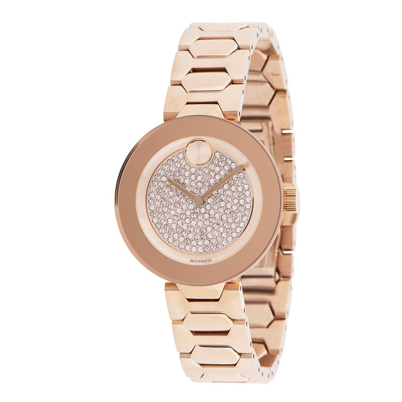 Shop Movado Bold Crystal Pave Rose Gold Dial Rose Gold Steel Strap Watch For Women - 3600493 in USA