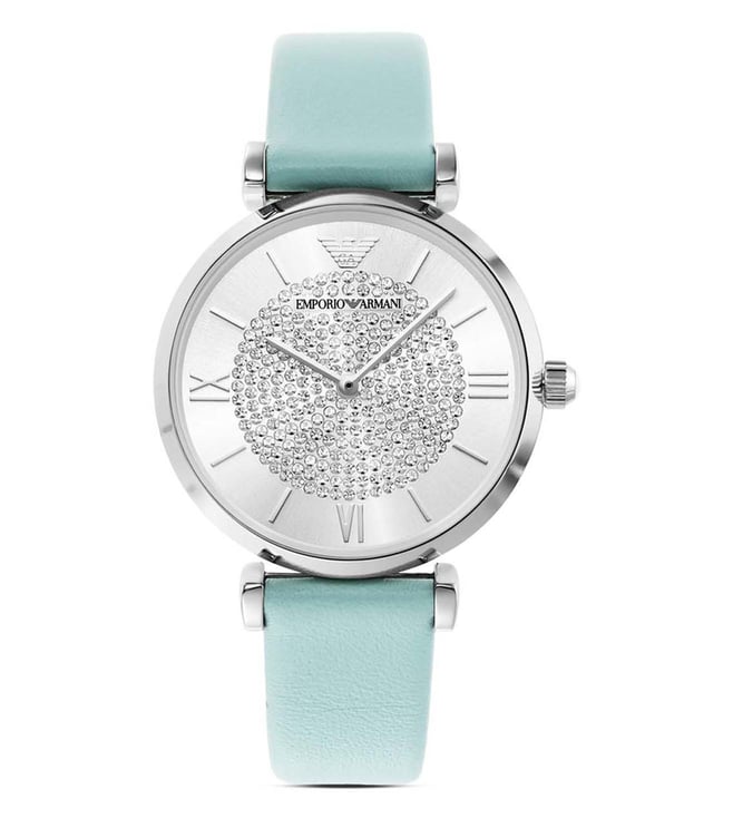 Emporio Armani Gianni T Bar Analog Crystals Silver Dial Blue Leather Strap Watch For Women - AR11443 Buy Now By Emporio Armani