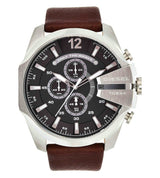 Shop Diesel Mega Chief Black & Silver Round Dial Brown Leather Strap Watch For Men - DZ4290 in USA