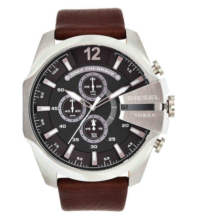 Shop Diesel Mega Chief Black & Silver Round Dial Brown Leather Strap Watch For Men - DZ4290 in USA