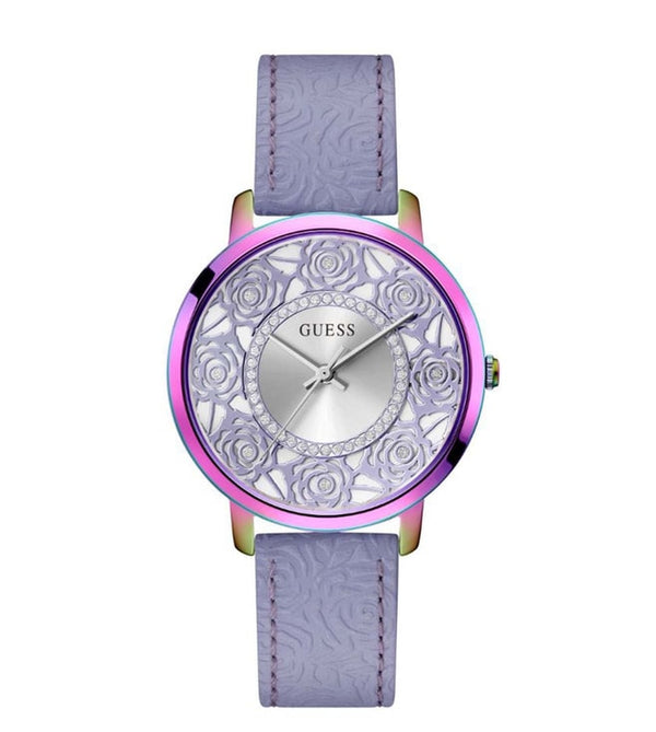 Shop Guess Dahlia Analog Silver Dial Purple Leather Strap Watch For Women - GW0529L4 in USA