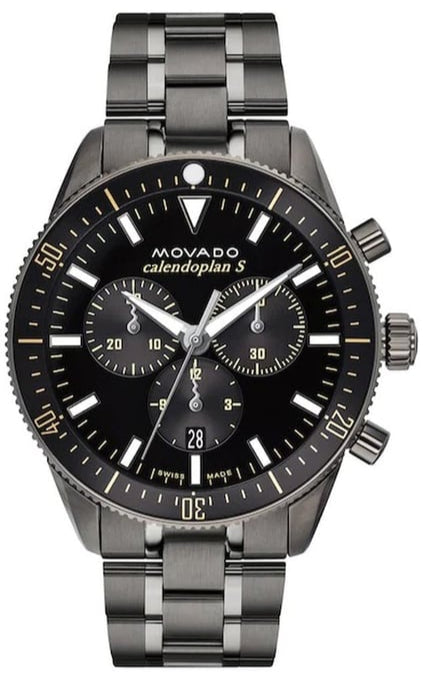 Shop Movado Heritage Calendoplan Chronograph Black Dial Black Steel Strap Watch For Men - 3650125 in USA