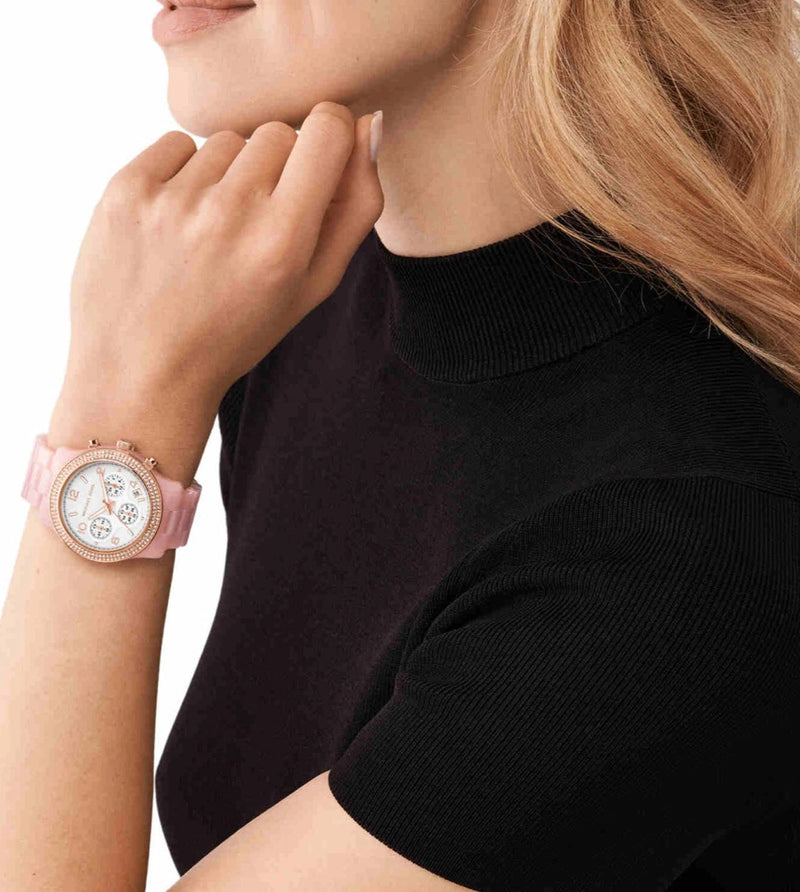 Michael Kors Runway Chronograph White Dial Pink Steel Strap Watch for Women - MK7424 Buy Now By Michael Kors