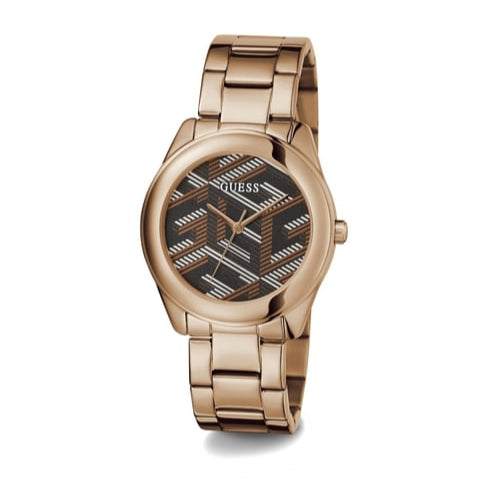 Shop Guess Cubed Analog Black Dial Rose Gold Steel Strap Watch For Women - GW0607L3 in USA
