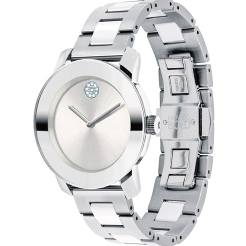 Shop Movado Bold Ceramic Silver Dial Silver Steel Strap Watch for Women - 3600638 in USA