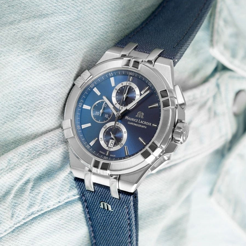 Maurice Lacroix Aikon Chronograph Blue Dial Blue Leather Strap Watch for Men - AI1018-SS001-430-1 Buy Now By Maurice Lacroix