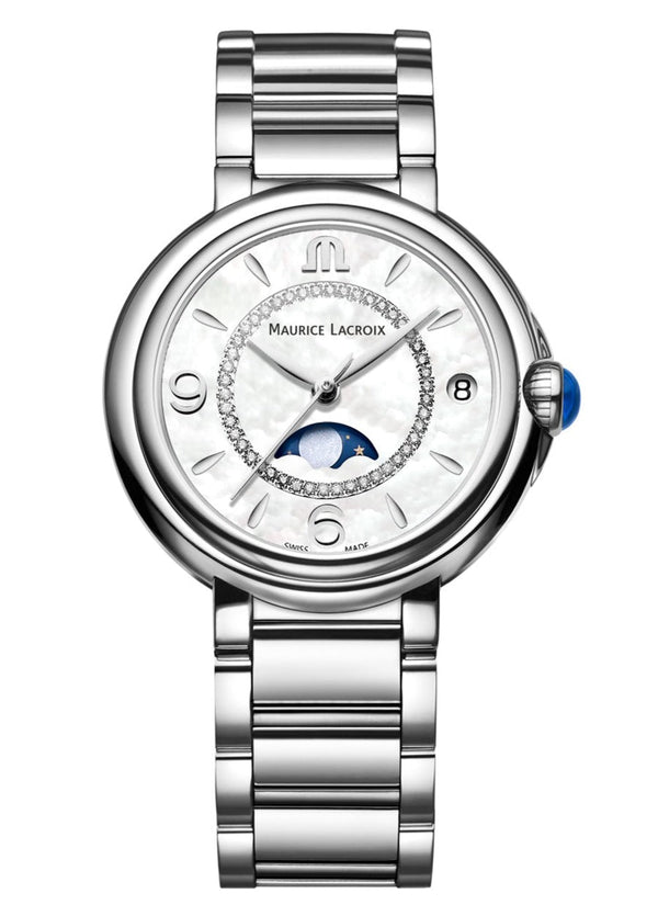 Shop Maurice Lacroix Fiaba Moonphase White Mother of Pearl Dial Silver Steel Strap Watch for Women - FA1084-SS002-170-1 in USA