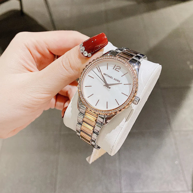 Michael Kors Layton Three Hand Mother of Pearl White Dial Two Tone Steel Strap Watch For Women - MK6849