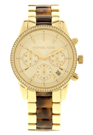 Michael Kors Ritz Chronograph Gold Dial Two Tone Steel Strap Watch for Women - MK6322