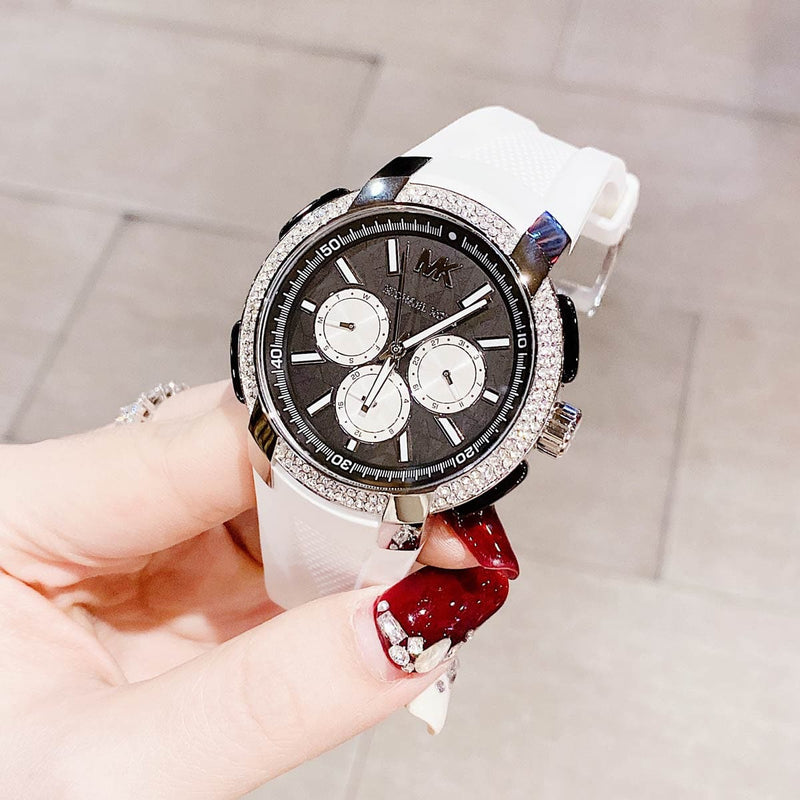 Michael Kors Sidney Multifunction Black Dial White Silicone Strap Watch For Women - MK6947 Buy Now By Michael Kors