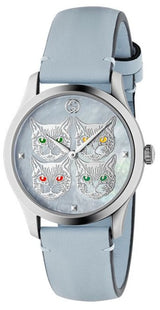Shop Gucci G Timeless Quartz Mother of Pearl Dial Blue Leather Strap Watch For Women - YA1264124 in USA