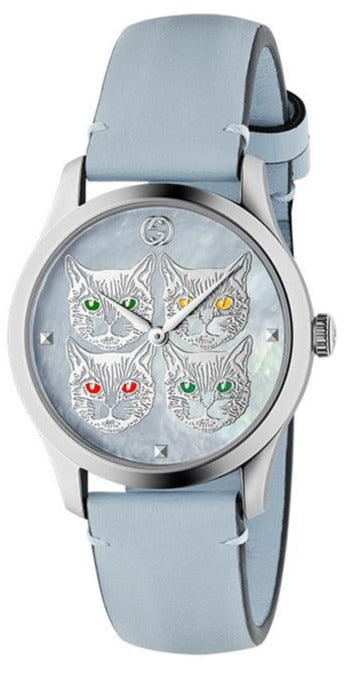 Shop Gucci G Timeless Quartz Mother of Pearl Dial Blue Leather Strap Watch For Women - YA1264124 in USA