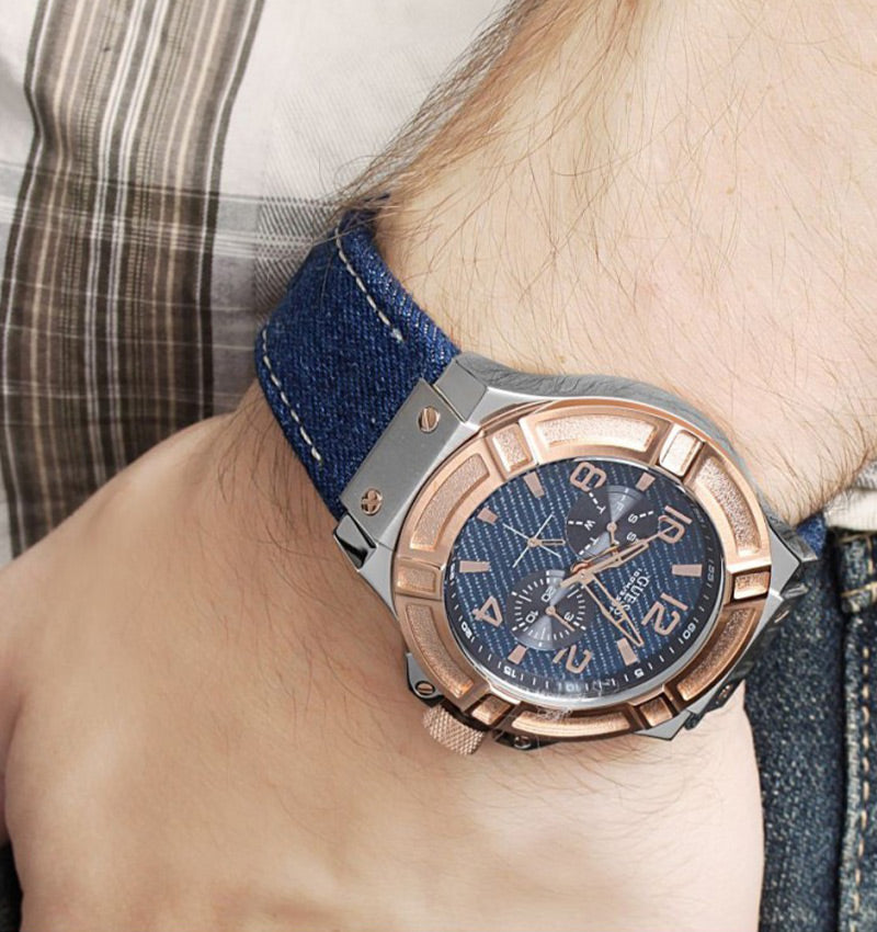Guess Rigor Analog Blue Dial Blue Denim Strap Watch For Men - W0040G6 Buy Now By Guess