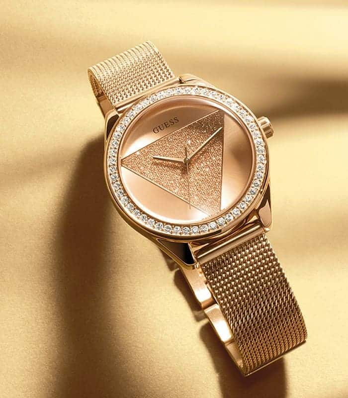 Shop Guess Tri Glitz Quartz Diamonds Rose Gold Dial Rose Gold Mesh Bracelet Watch For Women - W1142L4 in USA