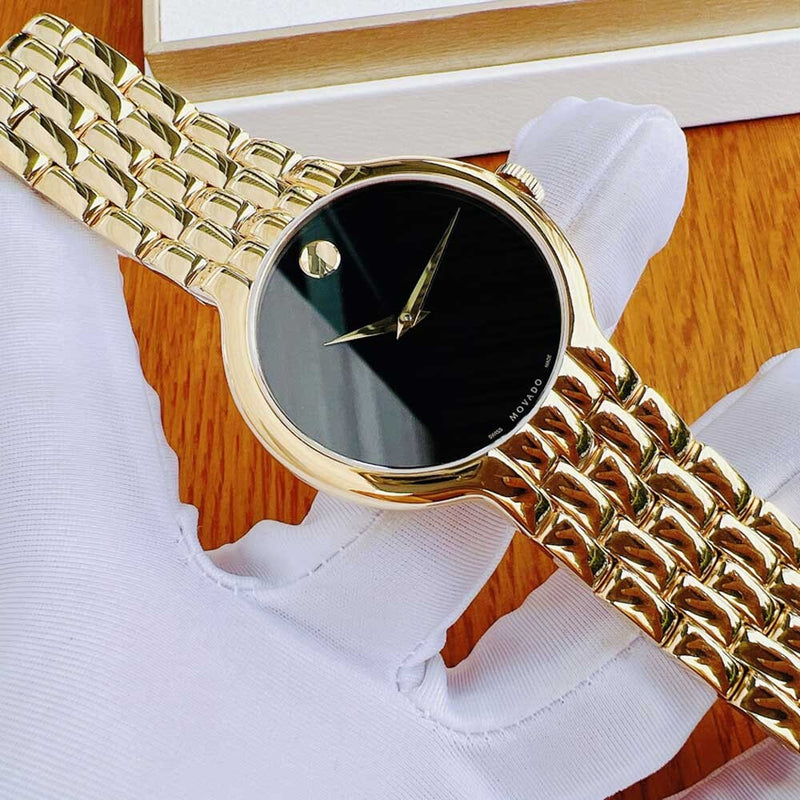 Shop Movado Veturi Black Dial Gold Steel Strap Watch for Women - 0606935 in USA