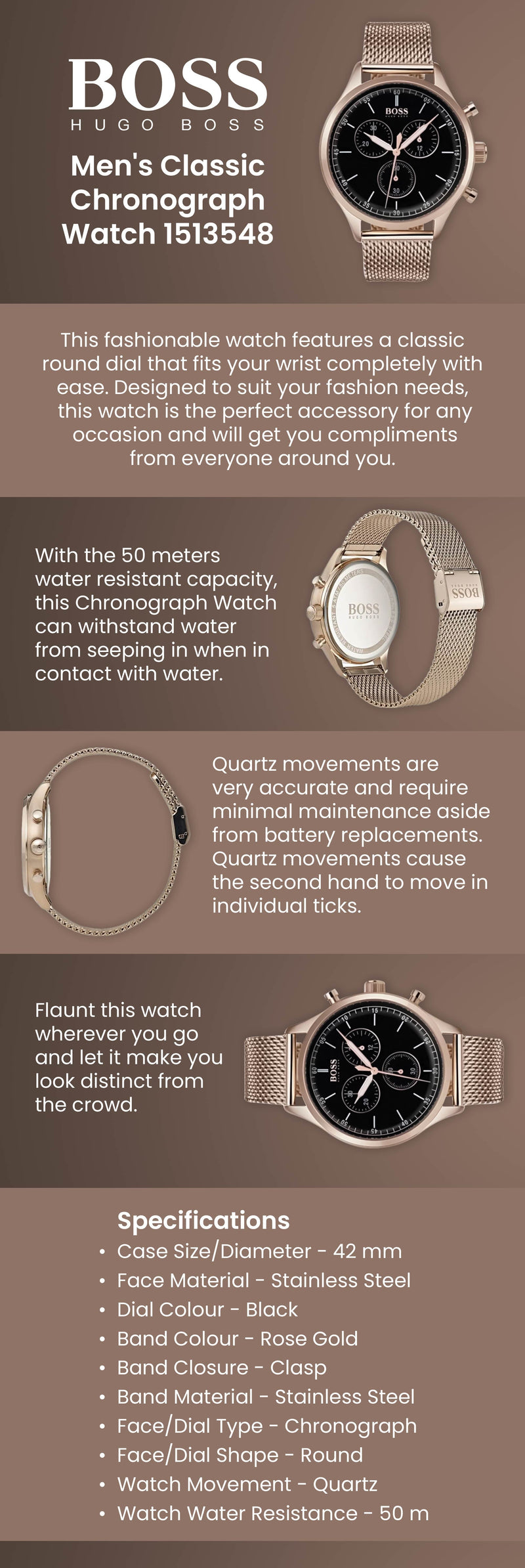 Hugo Boss Companion Chronograph Black Dial Rose Gold Steel Strap Watch For Men - 1513548 Buy Now By Hugo Boss