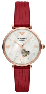 Emporio Armani Gianni T-Bar Mother of Pearl White Dial Red Leather Strap Watch For Women - AR60048