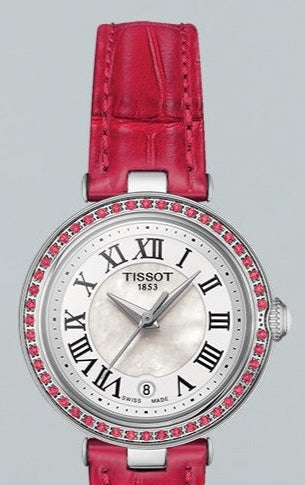 Shop Tissot Bellissima Small Lady Diamonds Mother of Pearl Dial Red Leather Strap Watch For Women - T126.010.66.113.00 in USA