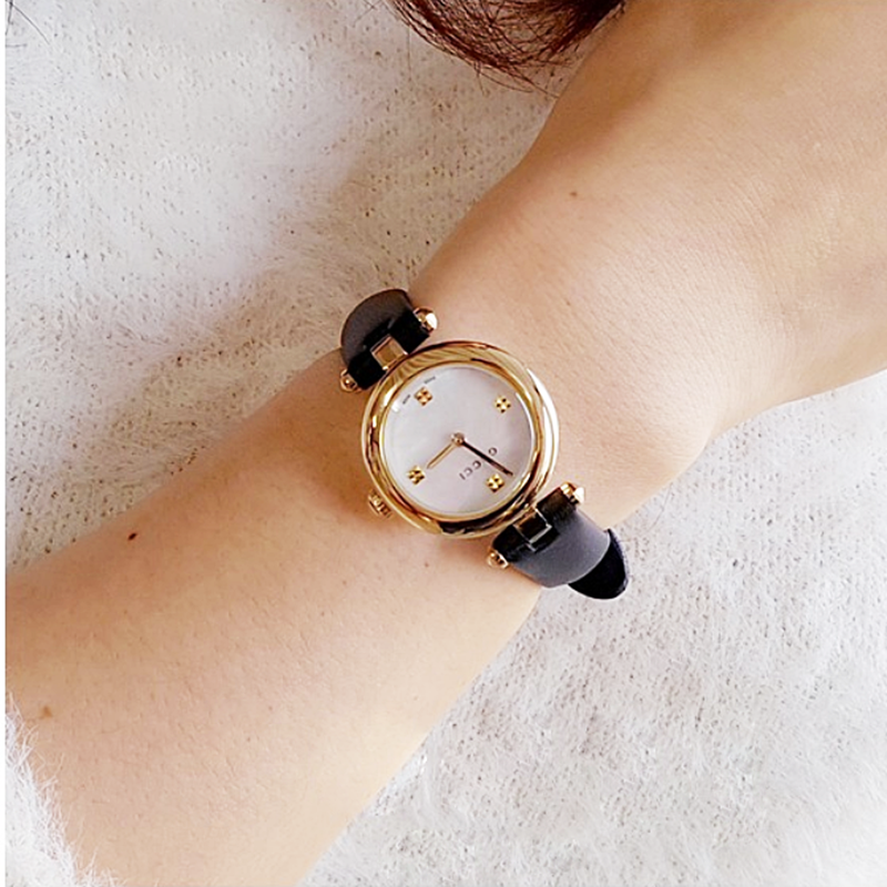 Shop Gucci Diamantissima Mother of Pearl Dial Black Leather Strap Watch For Women - YA141505 in USA