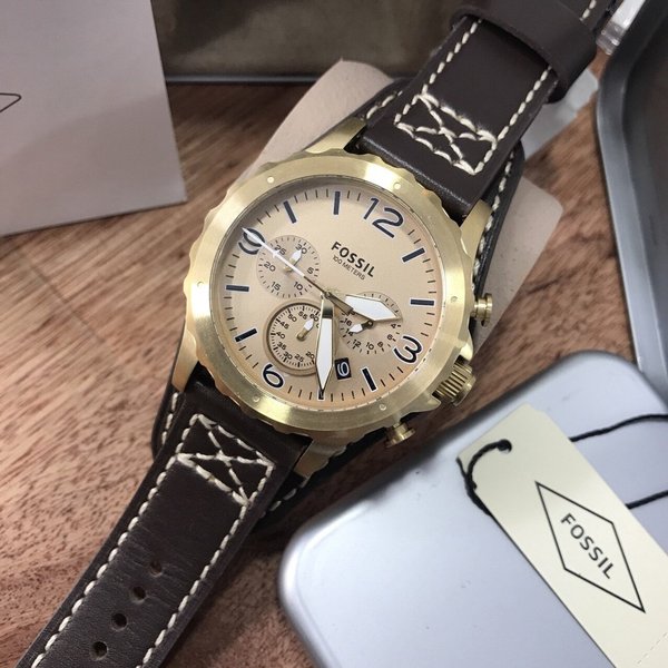 Fossil Nate Chronograph Gold Dial Brown Leather Strap Watch for Men - JR1495 Buy Now By Fossil