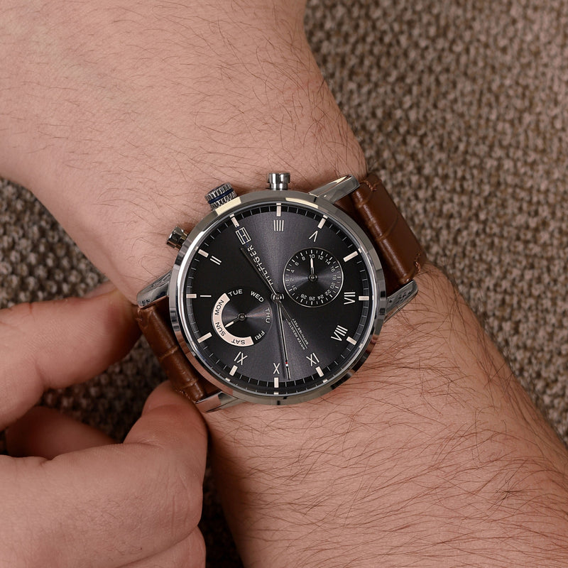 Tommy Hilfiger Kane Grey Dial Brown Leather Strap Watch for Men - 1710398