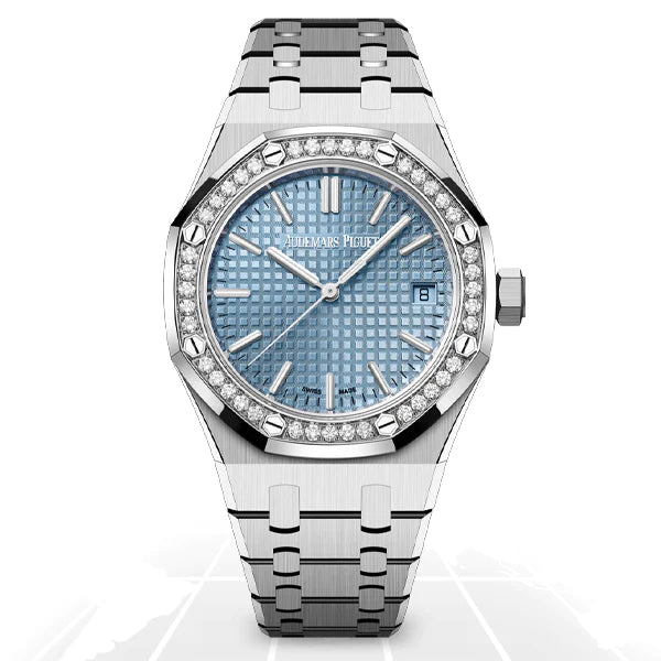 Audemars Piguet Royal Oak 50th Anniversary Diamond Ice Blue Dial Silver Steel Strap Watch for Men - 15551ST.ZZ.1356ST.01