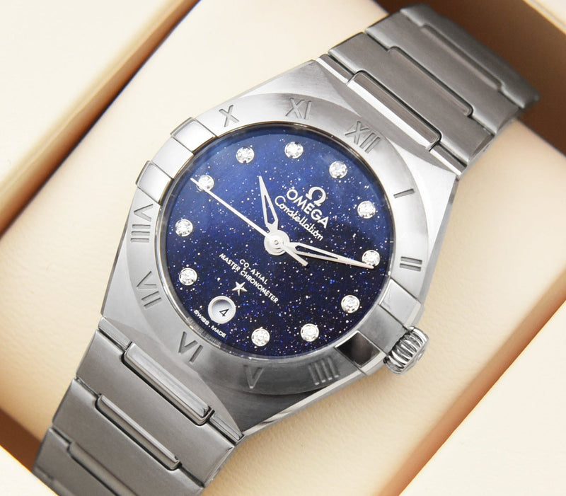 Shop Omega Constellation Manhattan Quartz Diamonds Blue Dial Silver Steel Strap Watch for Women - 131.10.25.60.53.001 in USA