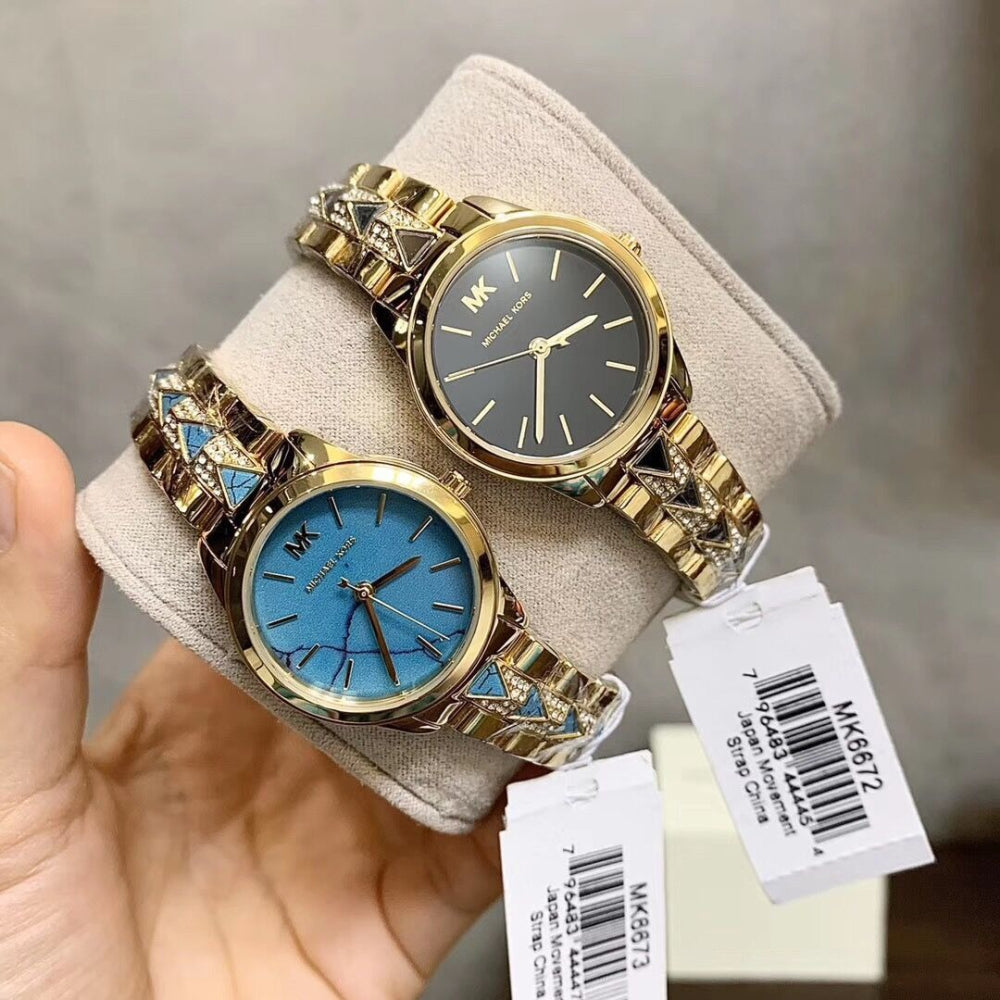 Michael Kors Petite Runway Mercer Blue Dial Gold Steel Strap Watch For Women - MK6673