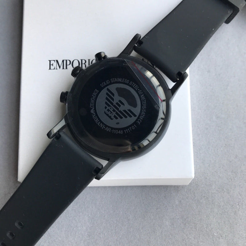 Shop Emporio Armani Chronograph Quartz Silver Dial Black Rubber Strap Watch For Men - AR11048 in USA