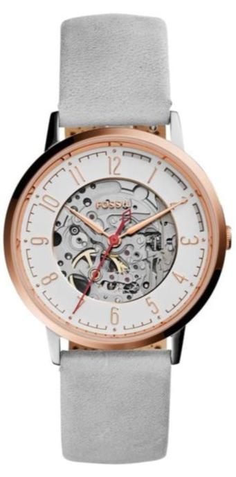 Fossil Vintage Muse Automatic Skeleton White Dial Grey Leather Strap Watch for Women - ME3131