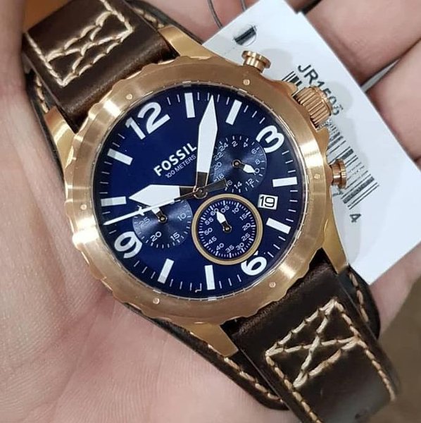 Shop Fossil Nate Chronograph Blue Dial Brown Leather Strap Watch for Men - JR1505 in USA