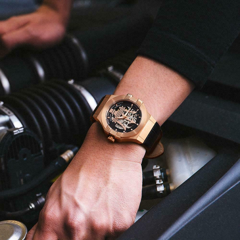 Maserati Potenza Automatic Rose Gold Dial Black Leather Strap Watch For Men - R8821108002 Buy Now By Maserati
