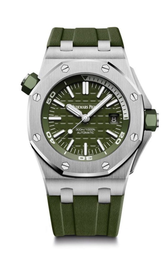 Audemars Piguet Royal Oak Offshore Diver Green Dial Green Rubber Strap Watch for Men - 15710ST.OO.A052CA.01