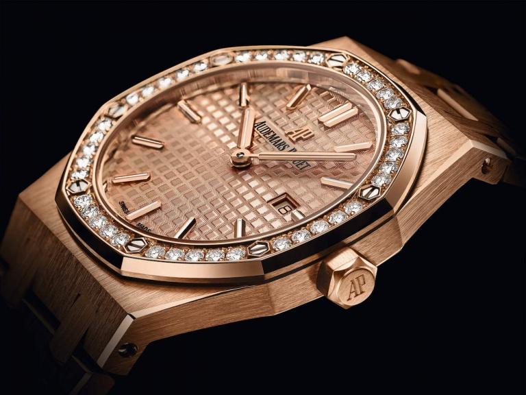 Audemars Piguet Royal Oak Quartz Diamonds Rose Gold Dial Rose Gold Steel Strap Watch for Women - 67651OR.ZZ.1261OR.03