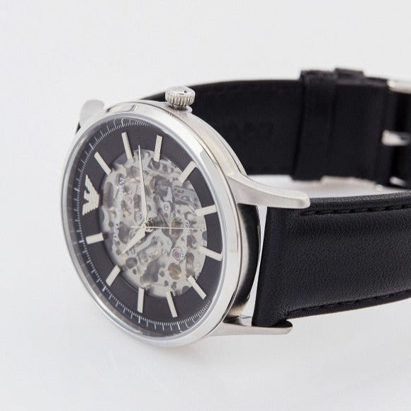 Emporio Armani Meccanico Skeleton Automatic Black Dial Black Leather Strap Watch for Men - AR60038 Buy Now By Emporio Armani