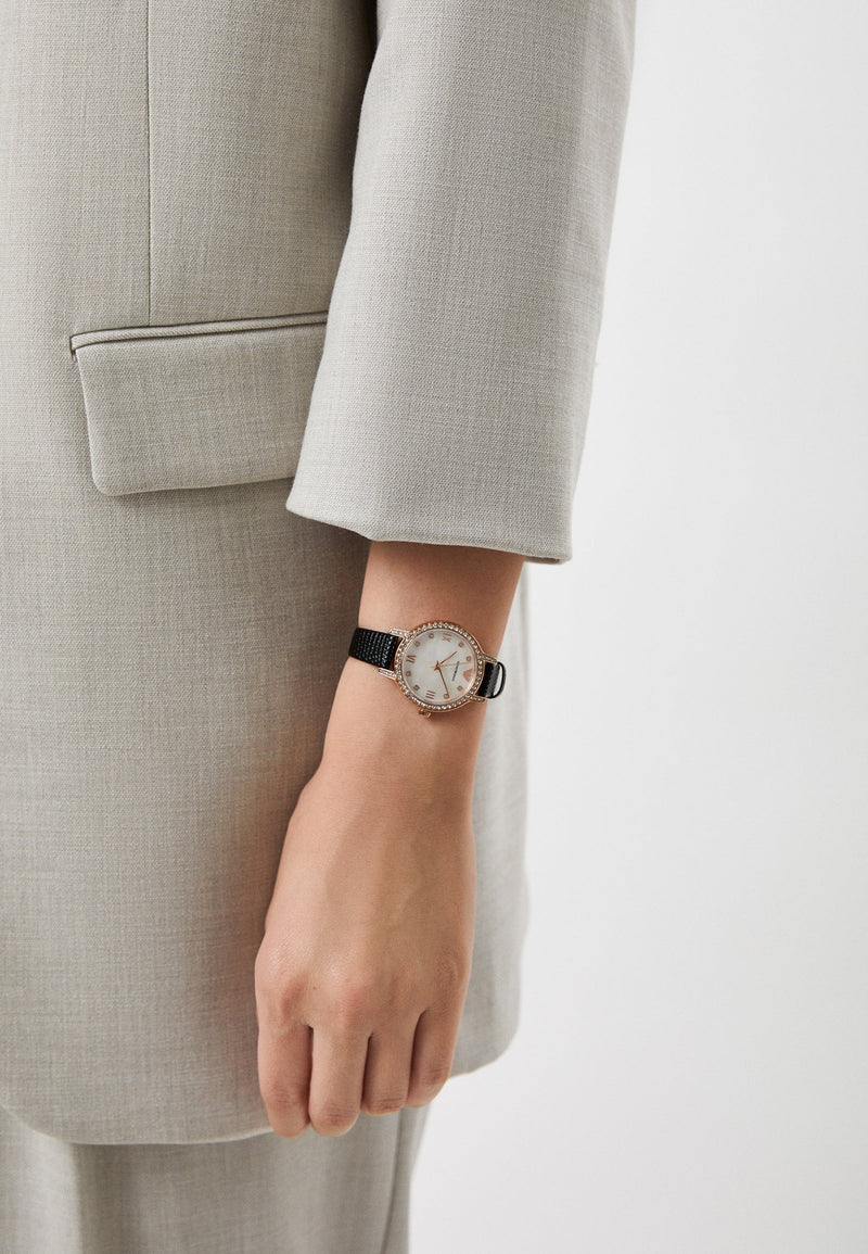 Emporio Armani Cleo Three-Hand Mother of Pearl Dial Black Leather Strap Watch For Women - AR11485 Buy Now By Emporio Armani
