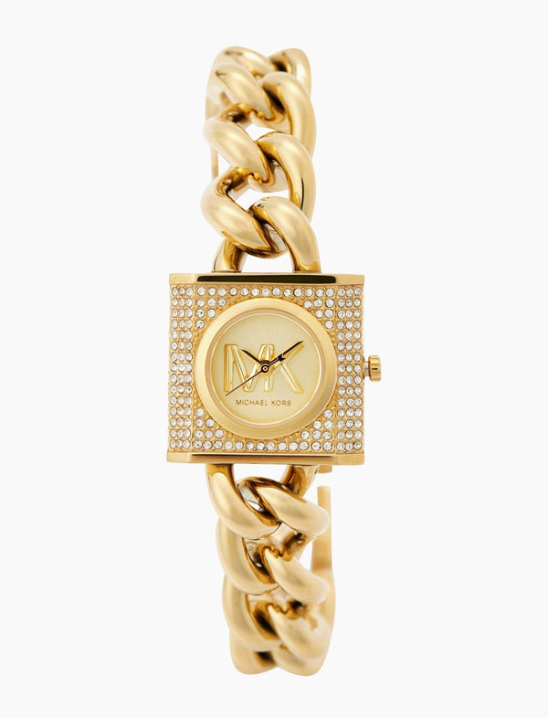 Shop Michael Kors Chain Lock Pave Gold Dial Gold Steel Strap Watch For Women - MK4711 in USA