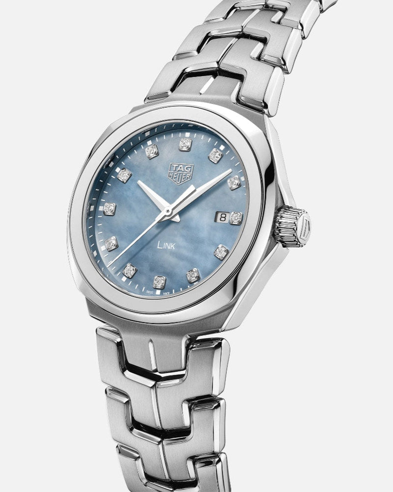 Shop Tag Heuer Link Quartz Diamonds Blue Mother of Pearl Dial Silver Steel Strap Watch for Women - WBC1313.BA0600 in USA