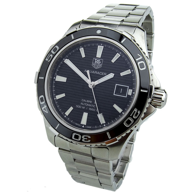 Shop Tag Heuer Aquaracer Caliber 5 Automatic Black Dial Silver Steel Strap Watch for Men - WAK2110.BA0830 in USA