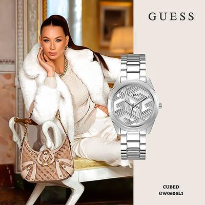 Shop Guess Cubed Analog Silver Dial Silver Steel Strap Watch For Women - GW0606L1 in USA