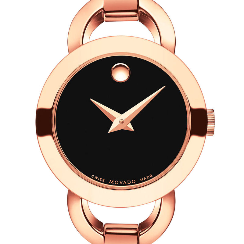 Movado Rondiro 22mm Black Dial Rose Gold Steel Strap Watch For Women - 0607065 Buy Now By Movado