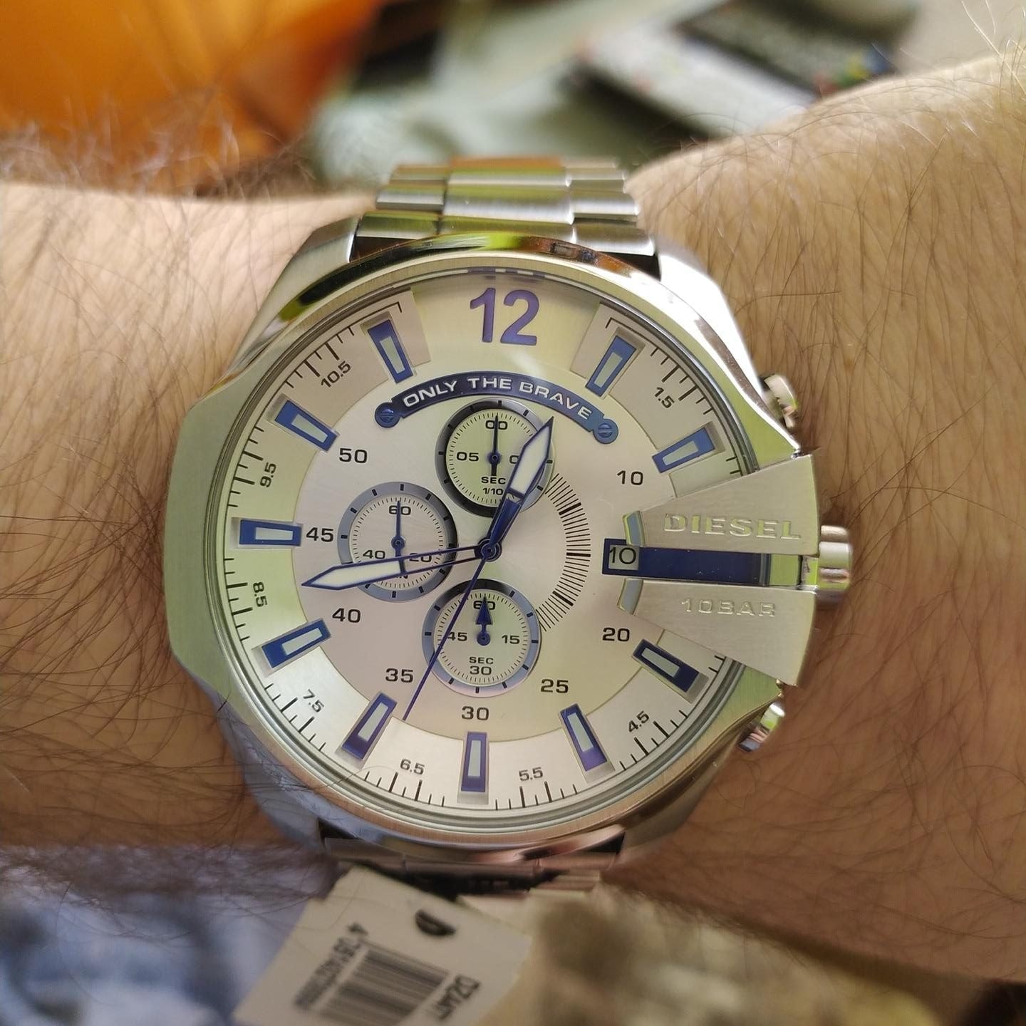 Diesel Mega Chief Chronograph White Dial Silver Steel Strap Watch For Men - DZ4477
