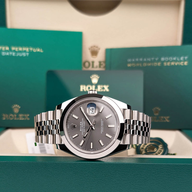 Shop Rolex Datejust 41 Oyster Grey Dial Silver Oystersteel Bracelet Watch for Men - M126300-0008 in USA